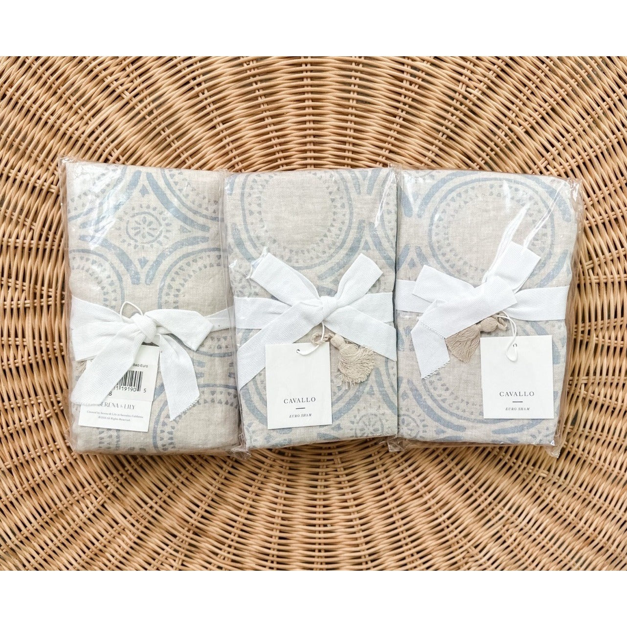 Cavallo Tile Linen Euro Pillow Sham-Flax Beige/Chambray Blue