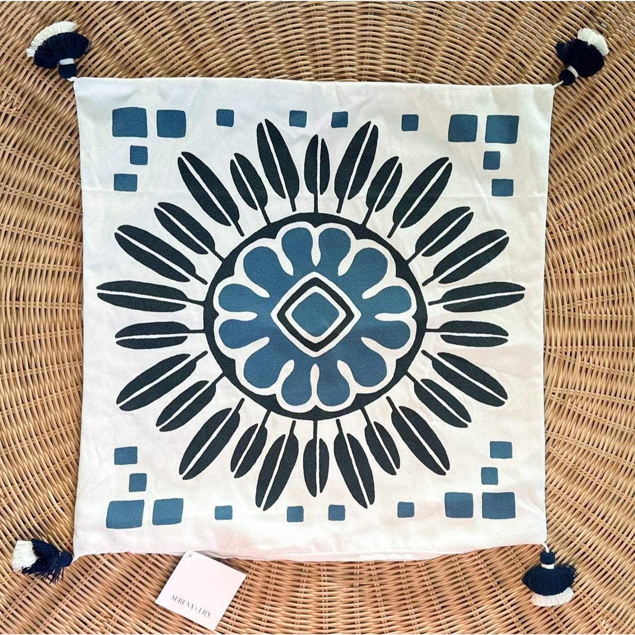 Campania Medallion Outdoor Pillow Cover (20” SQ)-Navy Blue