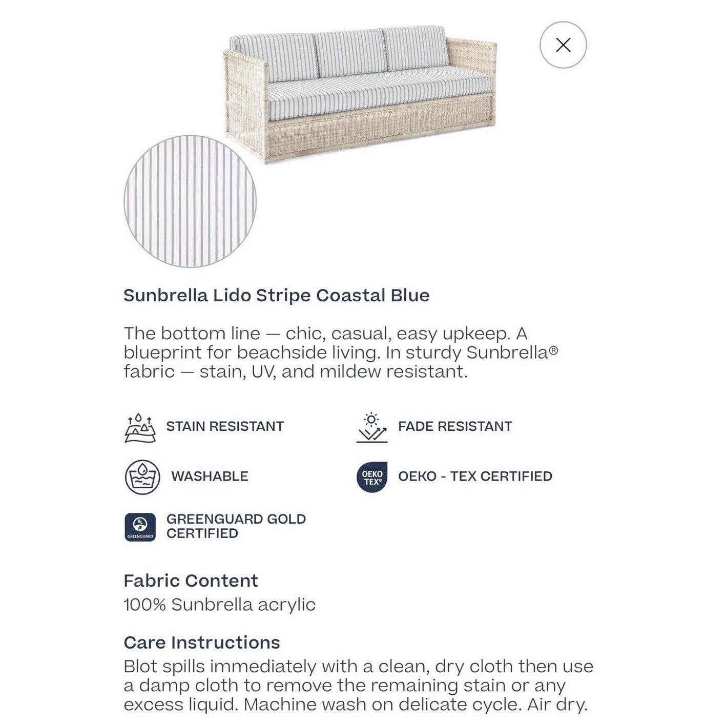 Pacifica Sofa (9’) Lido Stripe Cushion Cover-Coastal Blue