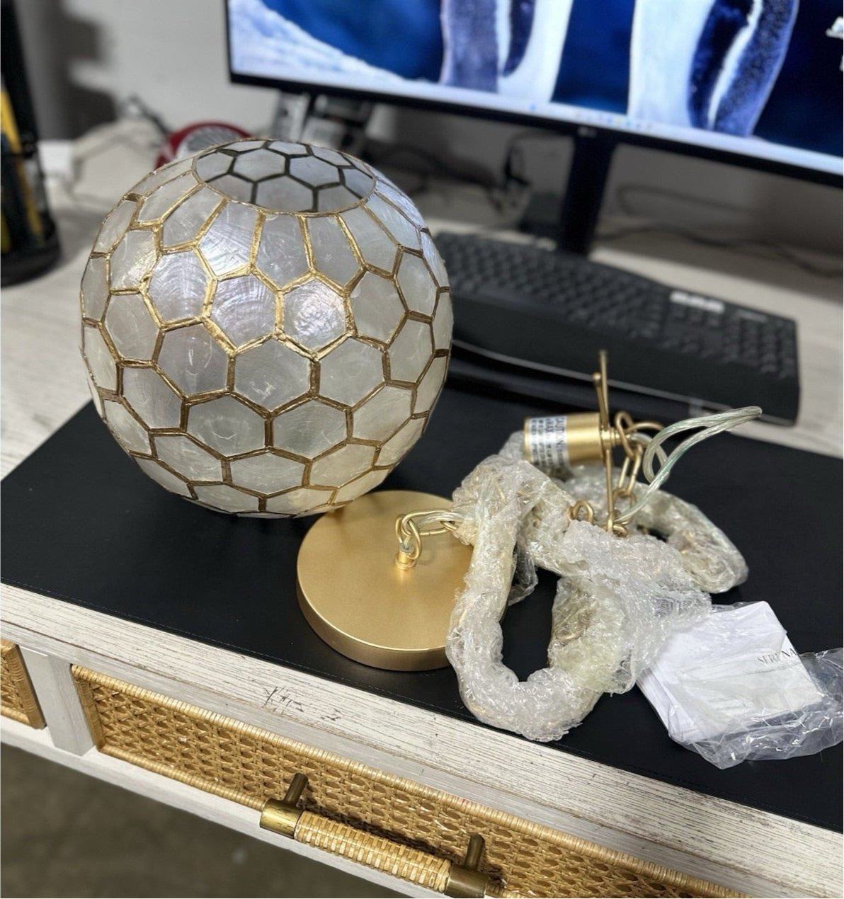 Capiz Honeycomb Small Round Pendant (10.5” DIAM)-Brass Gold