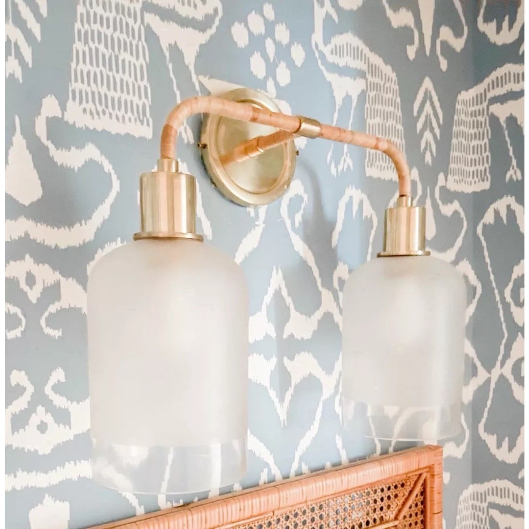 Westbrooke Double Sconce-Brass Rattan Base/Frosted Glass Shade
