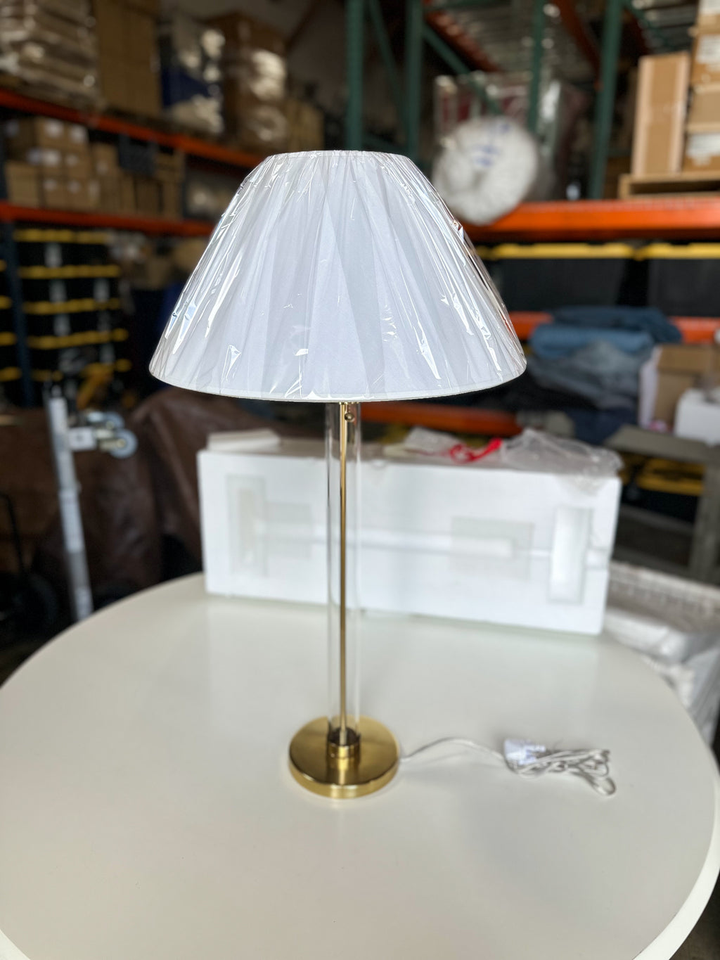 Islington Table Lamp-Glass/Brass Base-White Linen Shade