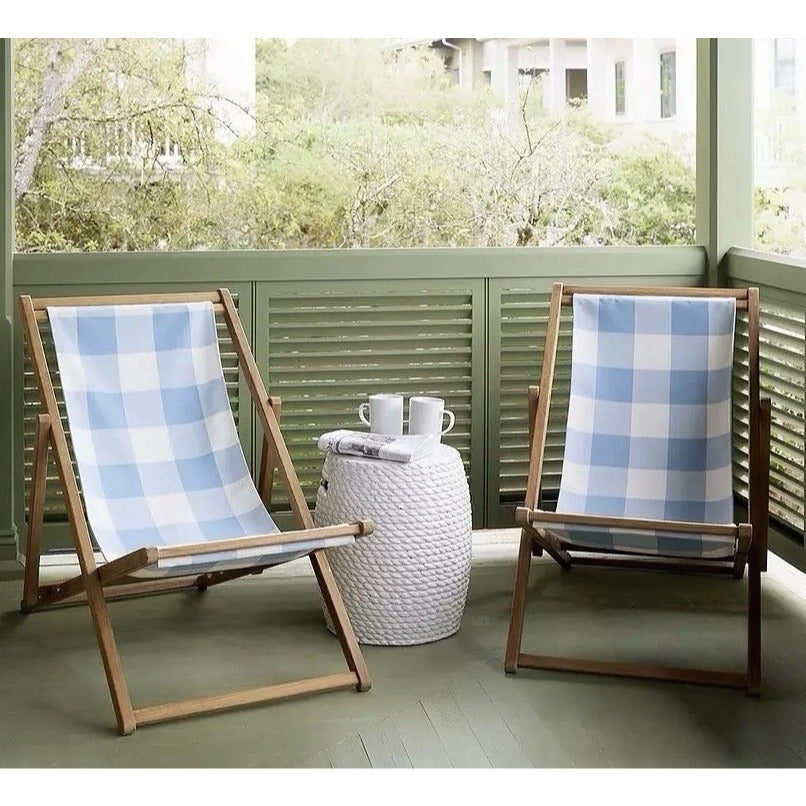 Teak Sling Chairs (Set of 2)-Coastal Blue Gingham/White