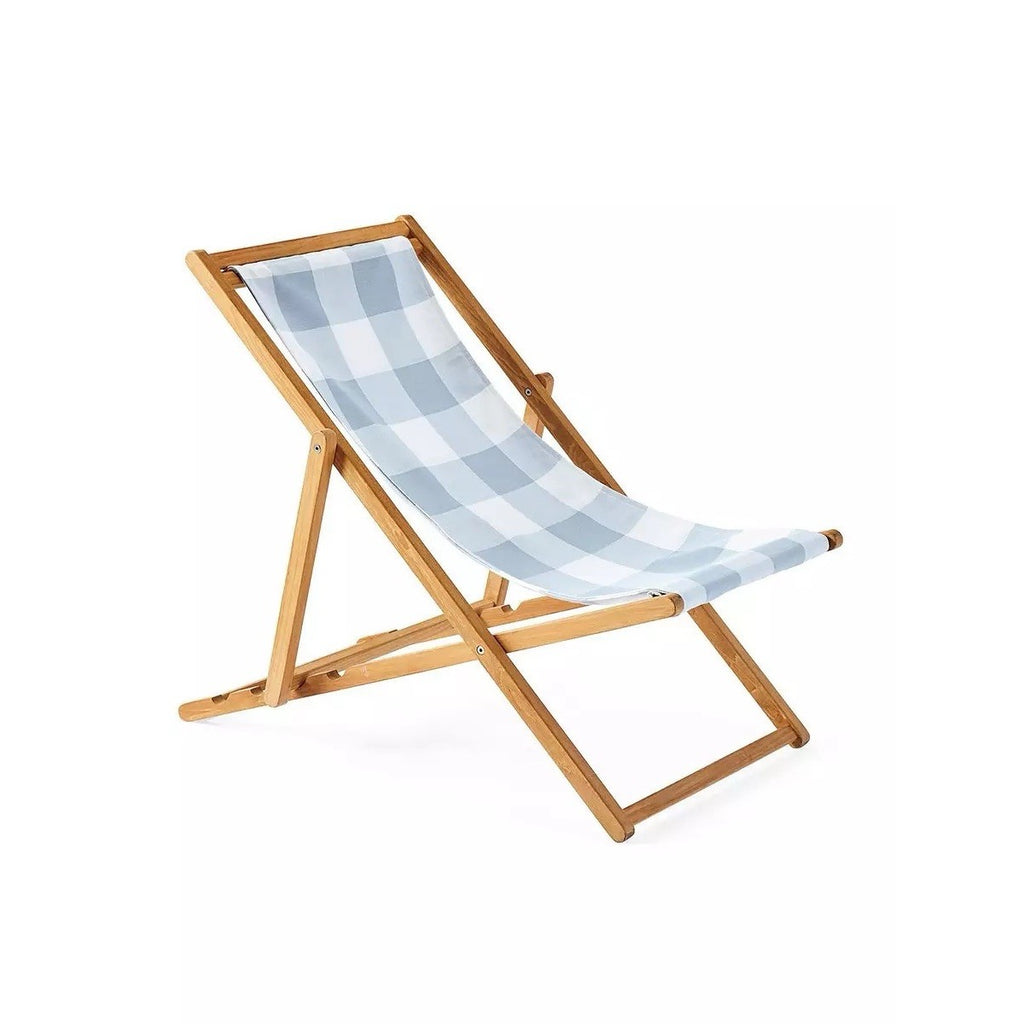 Teak Sling Chairs (Set of 2)-Coastal Blue Gingham/White