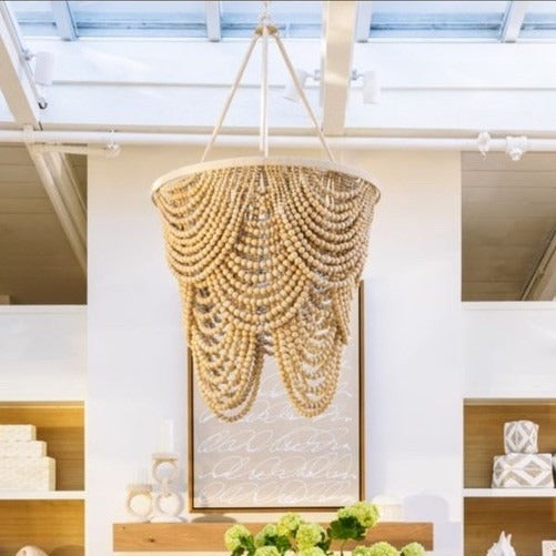 Willowbrook Wood Bead Tiered Chandelier Abaca Wrapped Frame-Natural Bleached