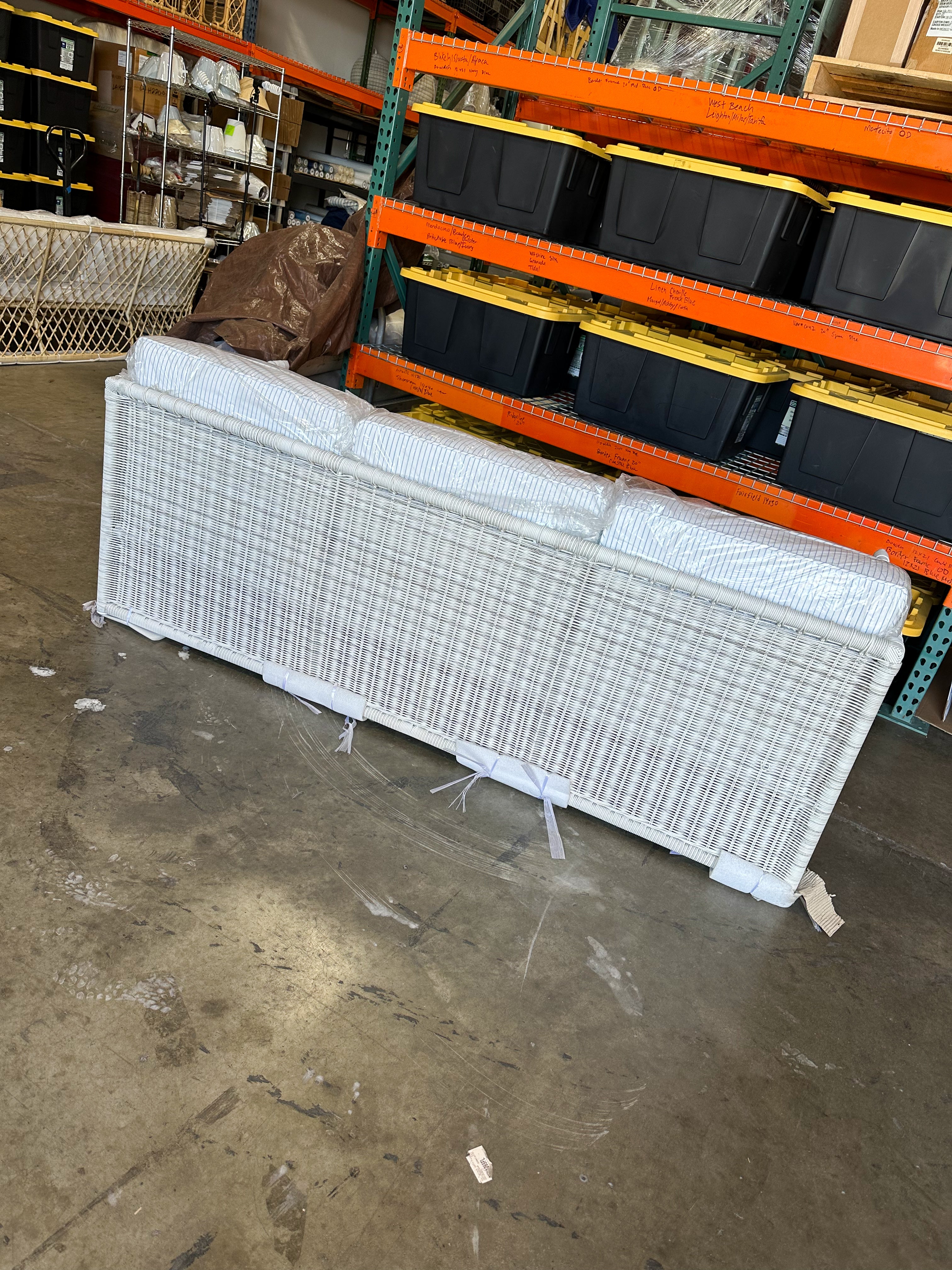 Pacifica Sofa (7’~Pinstripe Coastal Blue Cushions)-Driftwood