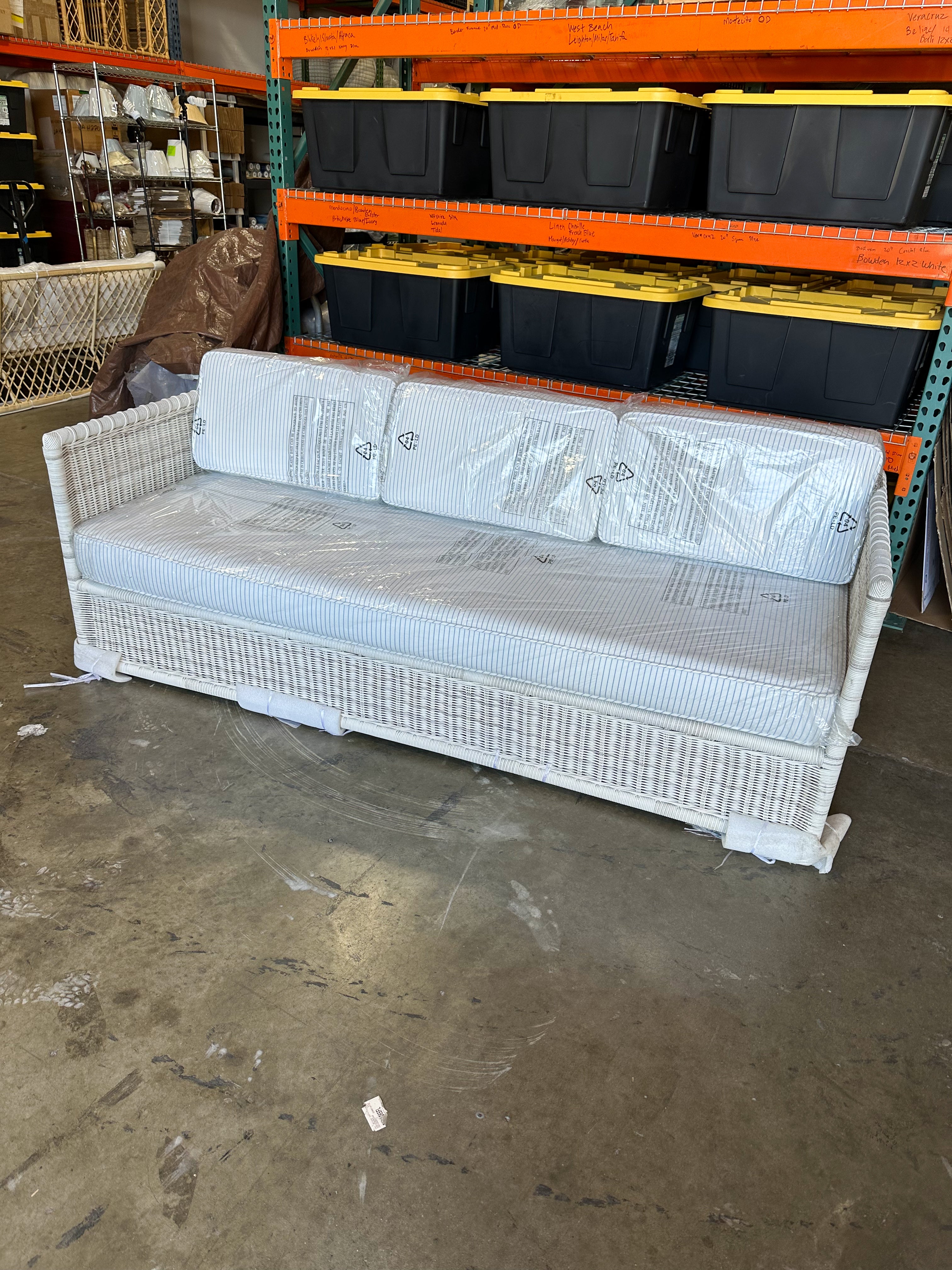 Pacifica Sofa (7’~Pinstripe Coastal Blue Cushions)-Driftwood