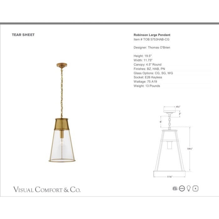 Visual Comfort Robinson Large Pendant (Antique Brass) TOB 5753HAB-CG