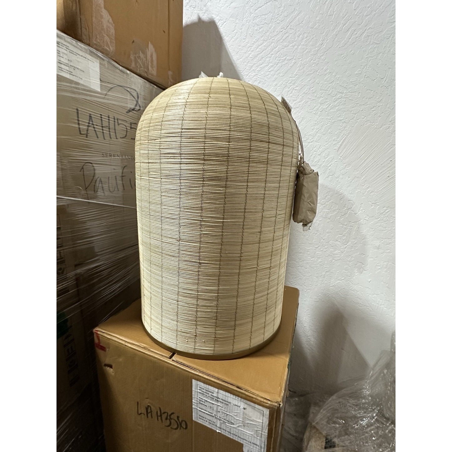 Baccara Rattan Bell Pendant-Natural/Brass Accents