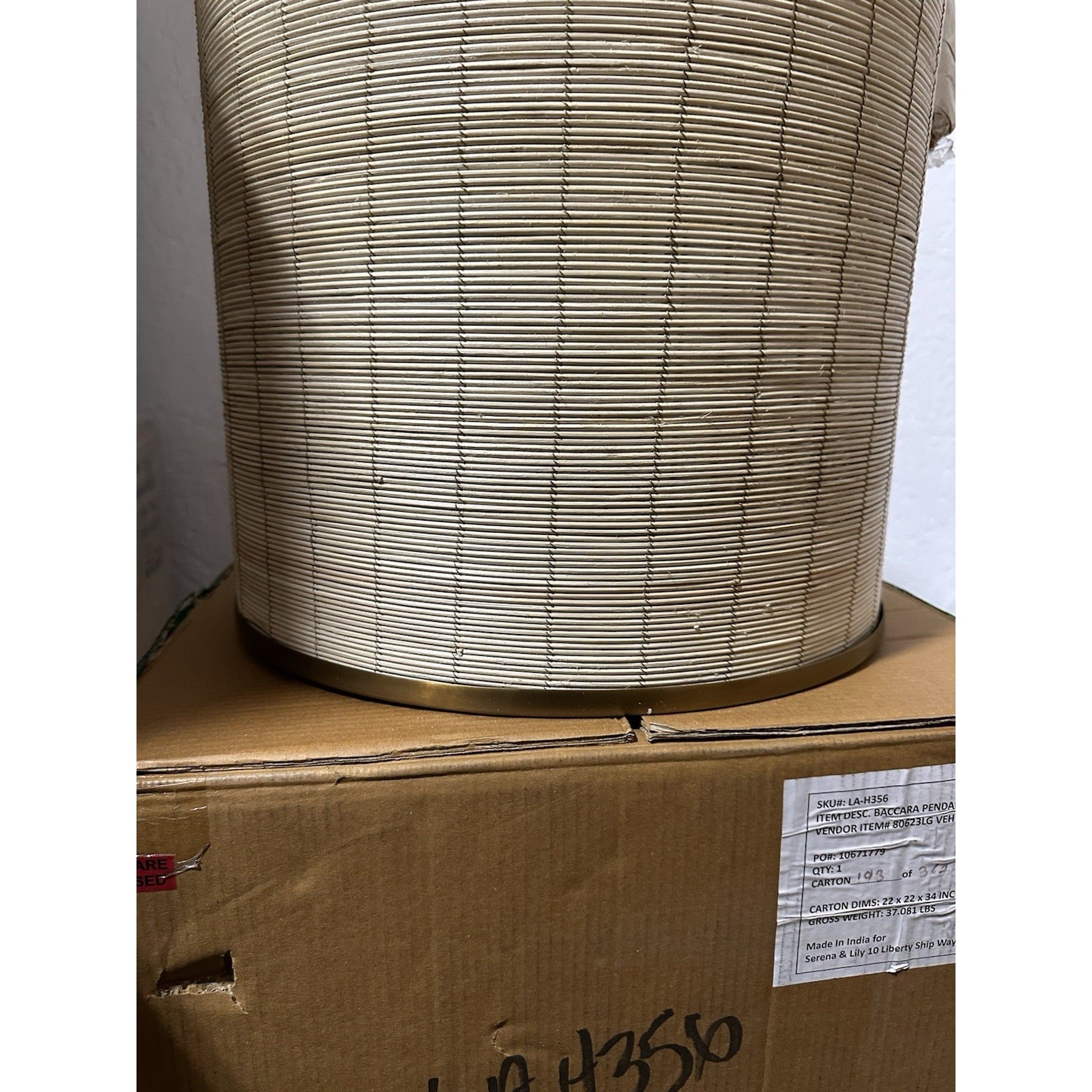 Baccara Rattan Bell Pendant-Natural/Brass Accents