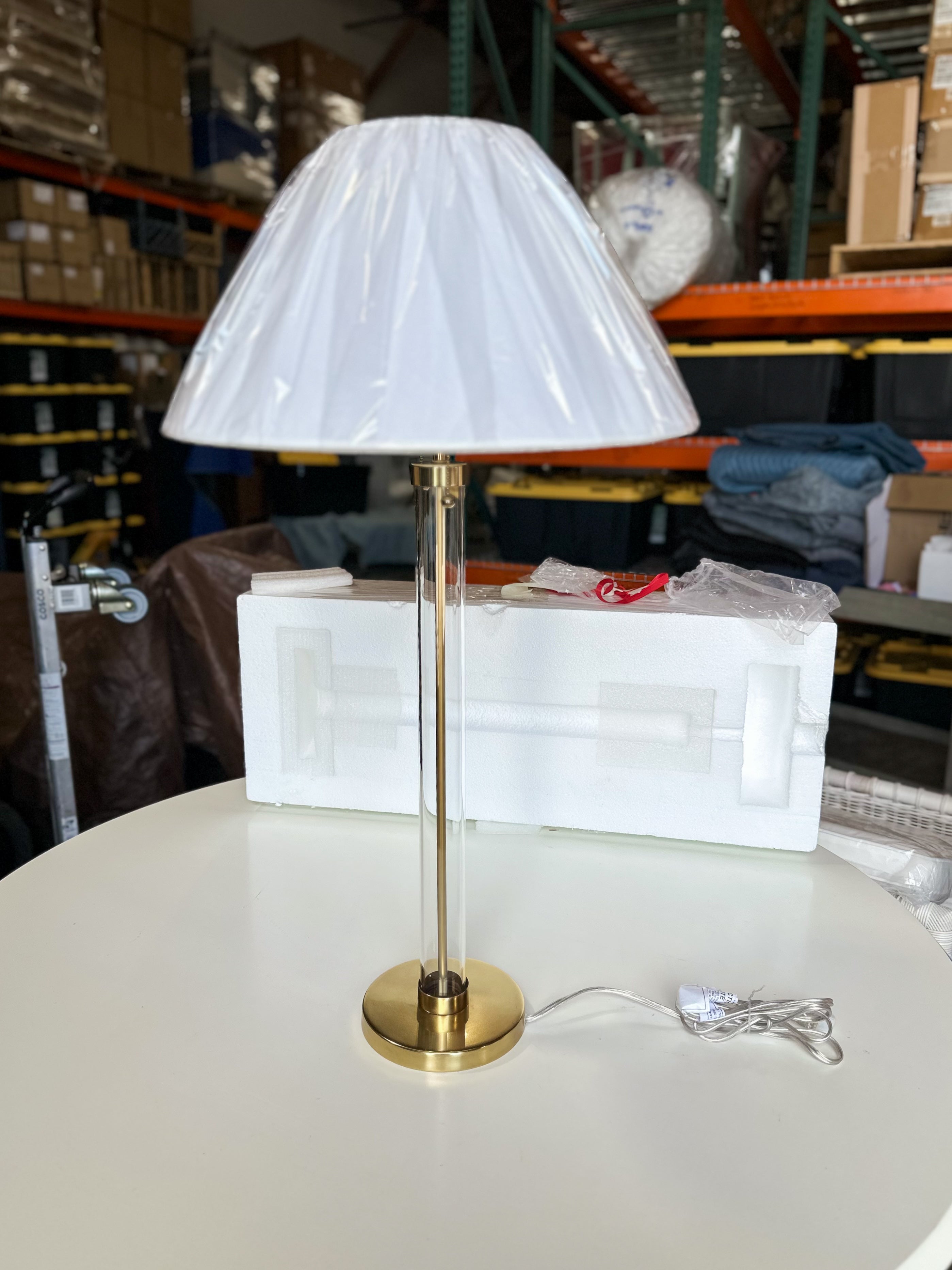 Islington Table Lamp-Glass/Brass Base-White Linen Shade