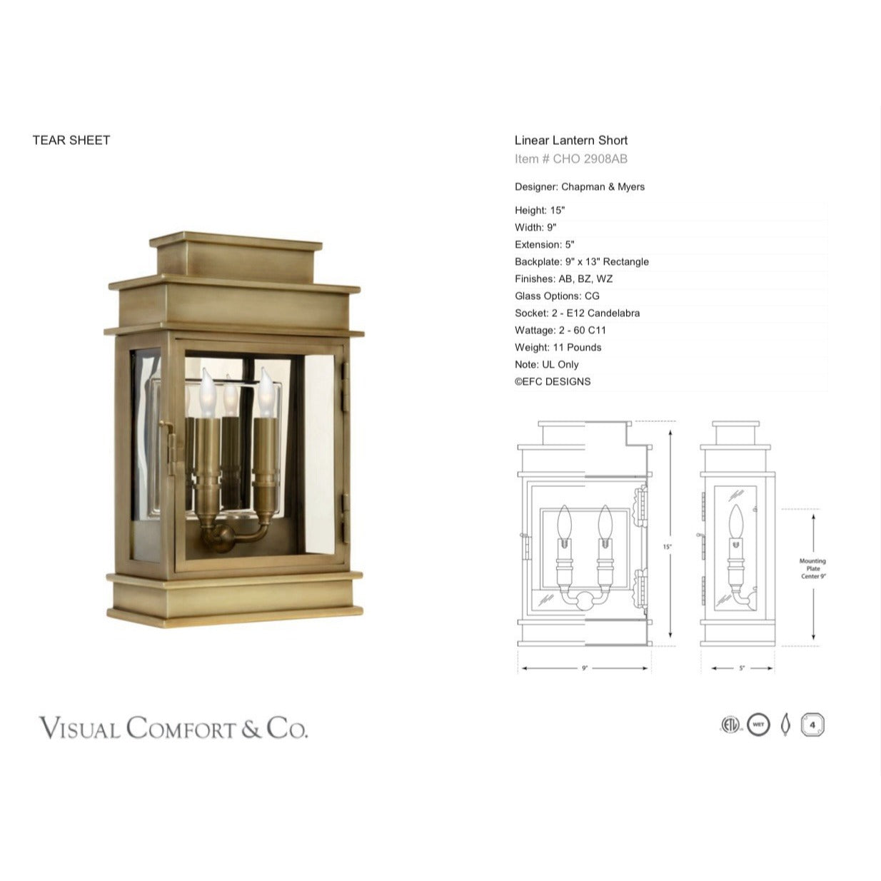 Visual Comfort Linear Lantern Short CHO 2908AB-Antique-Burnished Brass Gold