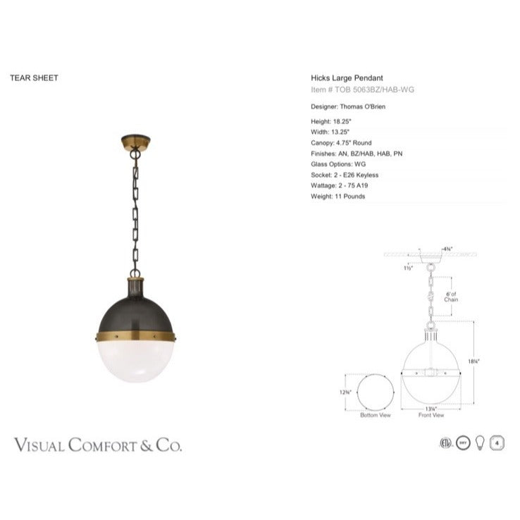 Visual Comfort Hicks Large Pendant (Bronze & Antique Brass) TOB 5063BZ/HAB-WG