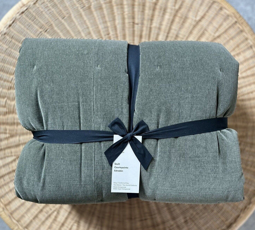 West Elm Classic Cotton Velvet Tack Stitch Quilt (K/CK)-Dark Olive - The Home Decor Outlet