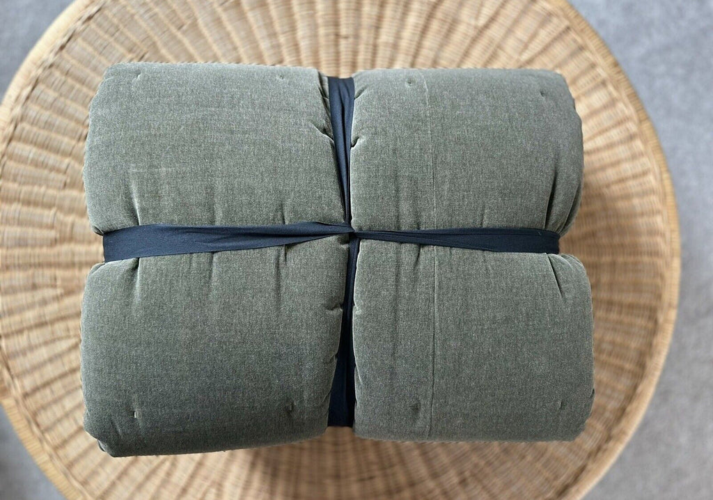 West Elm Classic Cotton Velvet Tack Stitch Quilt (K/CK)-Dark Olive - The Home Decor Outlet