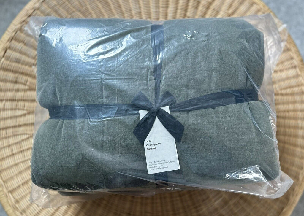 West Elm Classic Cotton Velvet Tack Stitch Quilt (K/CK)-Dark Olive - The Home Decor Outlet
