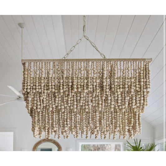 Sorrel Rectagular Wood Bead Three Tier Chandelier- Natural Brown