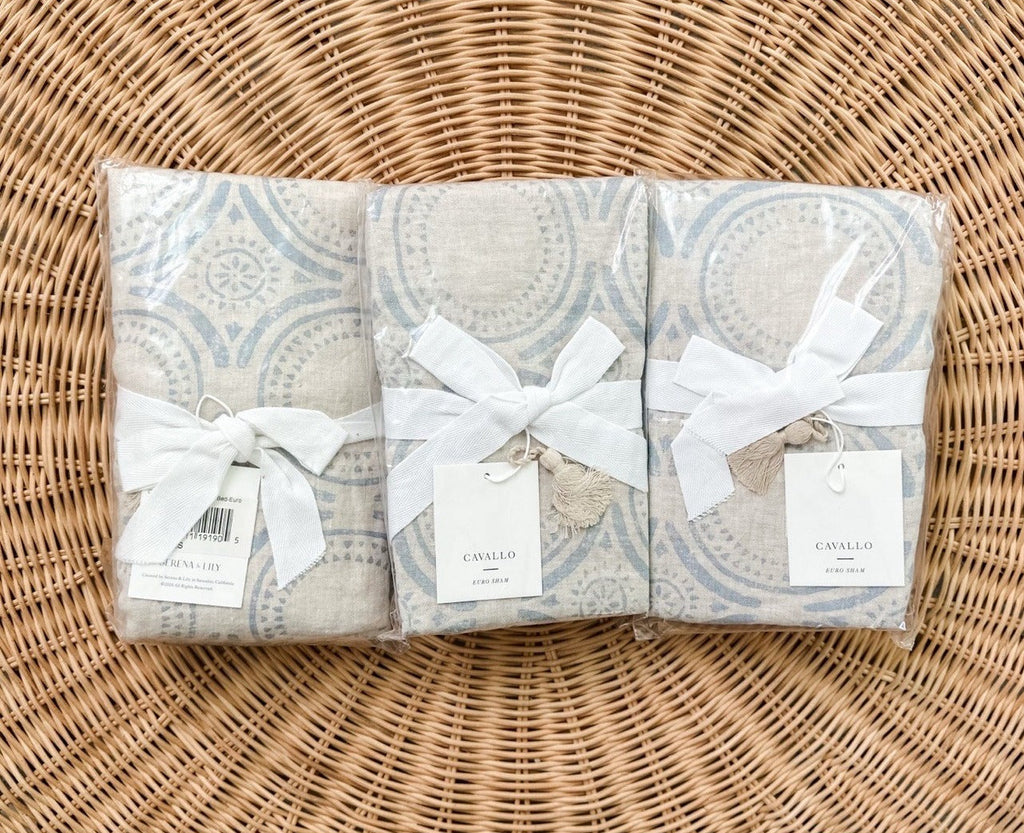Cavallo Tile Linen Euro Pillow Sham-Flax Beige/Chambray Blue