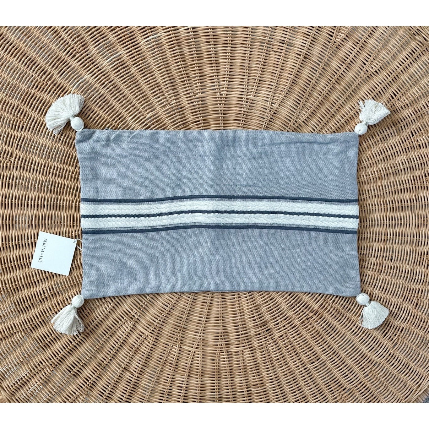 Addie Stripe Tassel Pillow Cover (12”x21”)-Smoke Grey