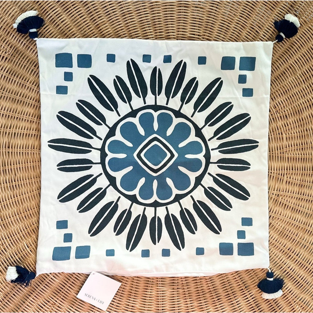 Campania Medallion Outdoor Pillow Cover (20” SQ)-Navy Blue
