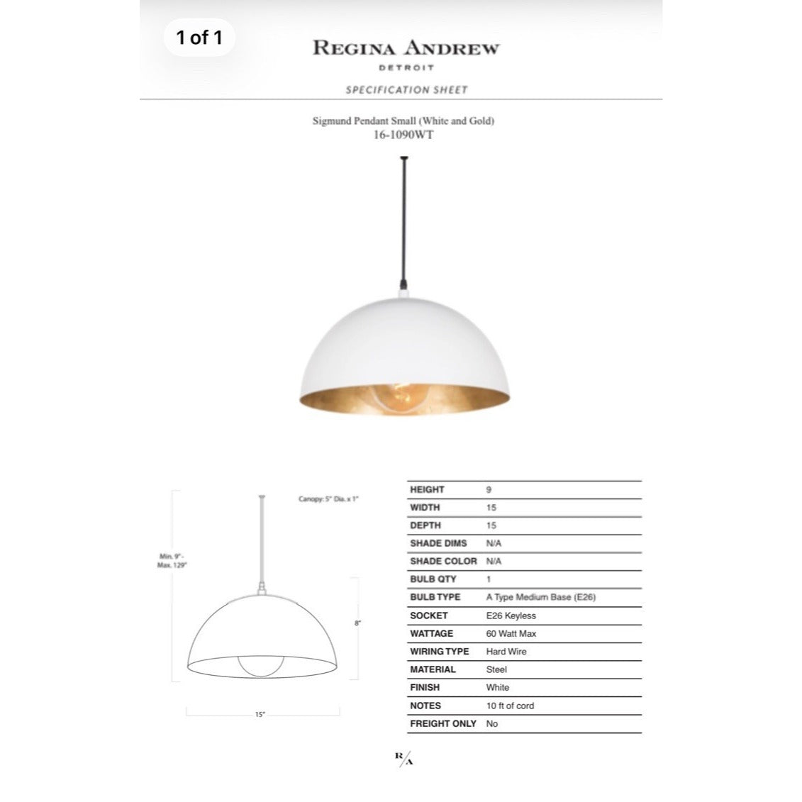 Regina Andrew Sigmund Small Dome Pendant Light (15” W)-White & Gold