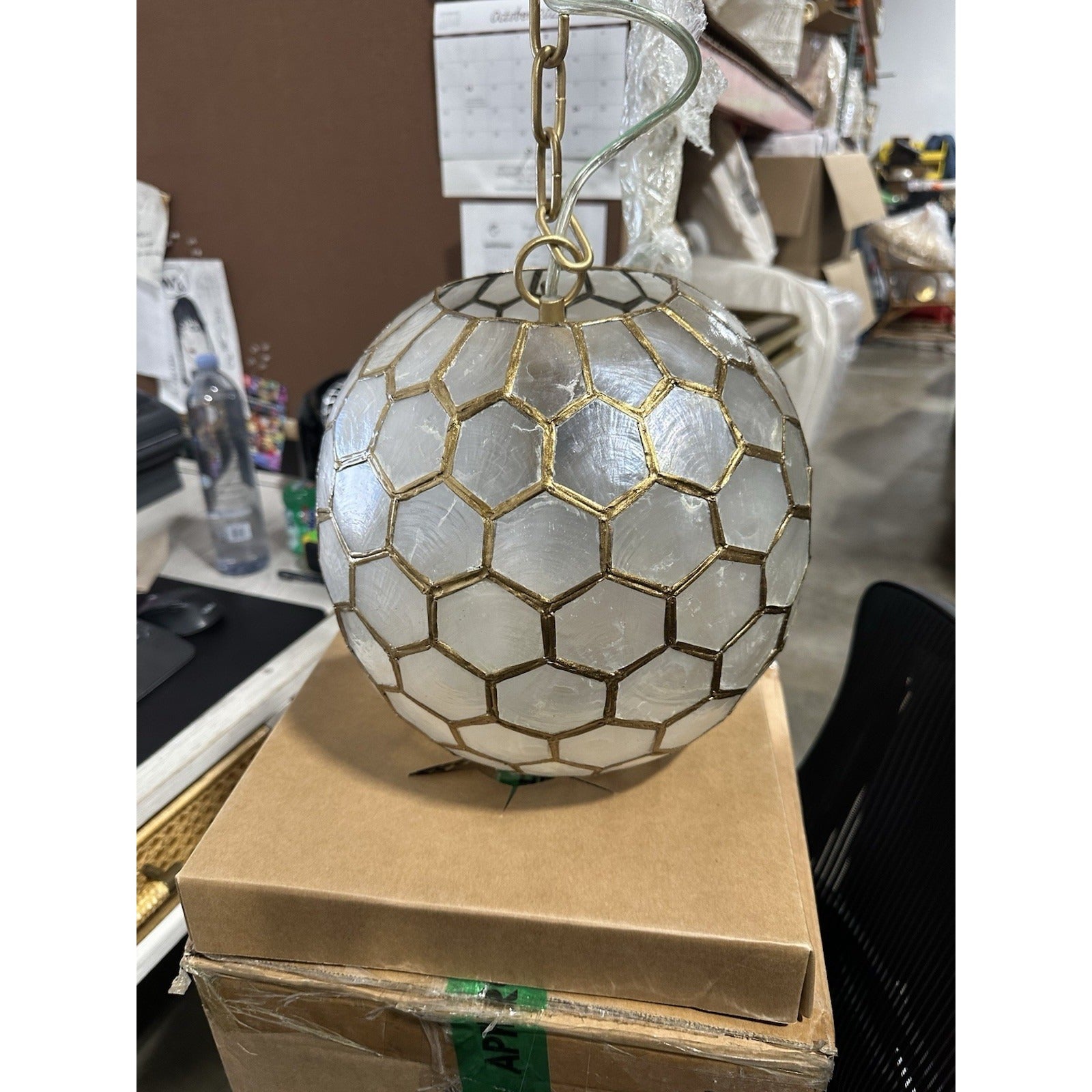 Capiz Honeycomb Small Round Pendant (10.5” DIAM)-Brass Gold