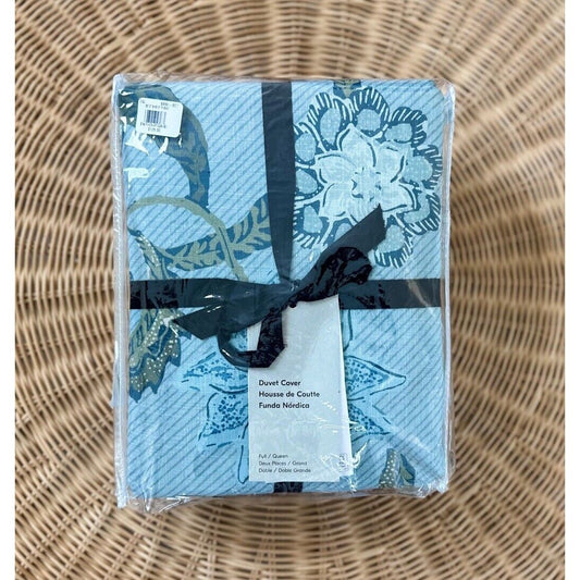 West Elm Batik Floral Duvet Cover (F/Q)-Arctic Blue