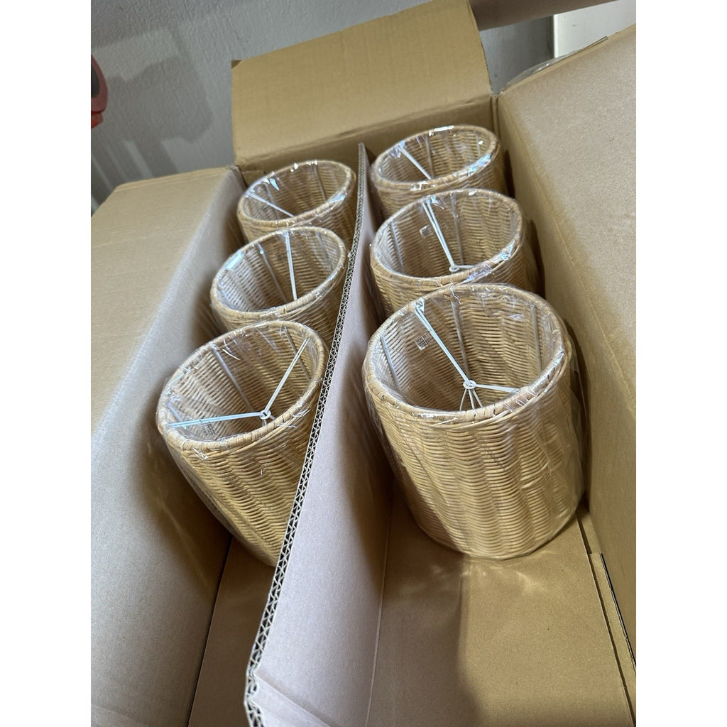 Rattan Wicker Coastal Drum Clip On Shades (Set of 6)-Natural Brown