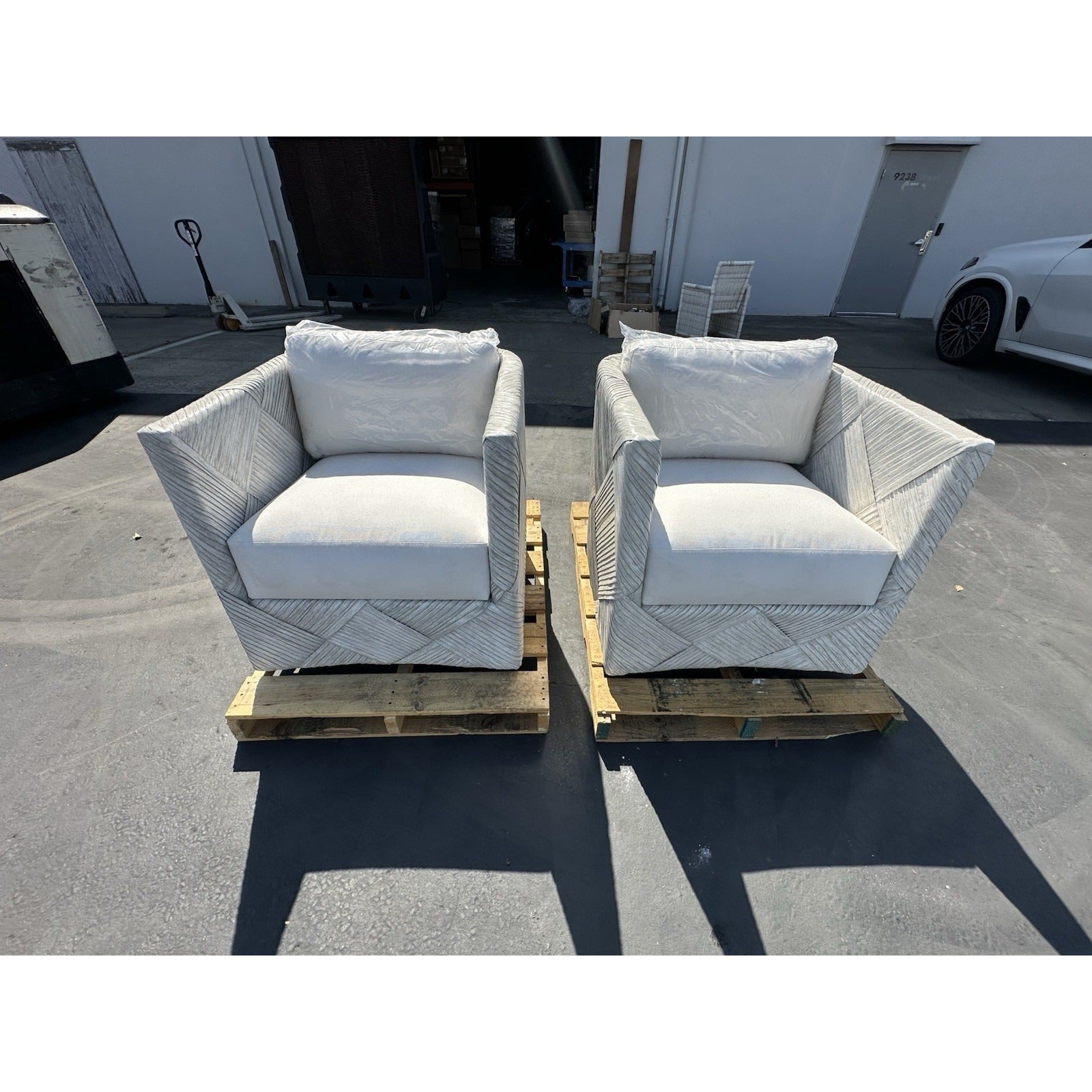 PALECEK Portrero Designer Coastal Rattan Lounge Chairs (Set of 2)-White